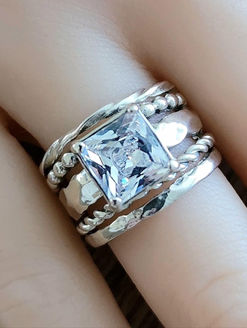 Noa Zuman Signed Sterling Silver 925 Clear CZ Stone Hammered 6.5 Ring Israel - Picture 4 of 12